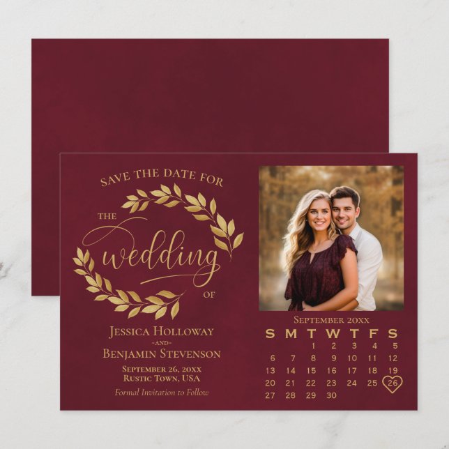Gold Leaves on Burgundy Photo & Calendar Wedding Save The Date (Vorne/Hinten)