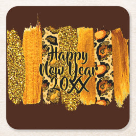 Gold & Leopard Brush Happy New Year 20xx Rechteckiger Pappuntersetzer
