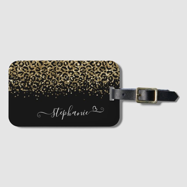 Gold Leopard Glitter Monogram Schwarz Gepäckanhänger (Vorderseite (Horizontal))