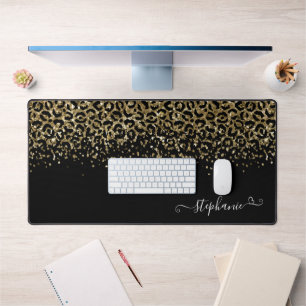 Gold Leopard Glitter Monogram Schwarz Schreibtischunterlage