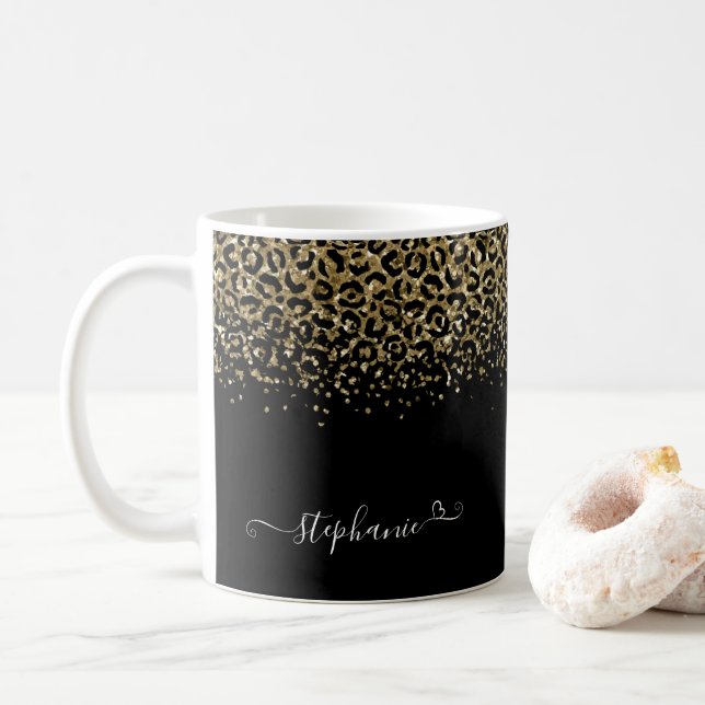 Gold Leopard Glitzer Monogram Black Kaffeetasse (Mit Donut)