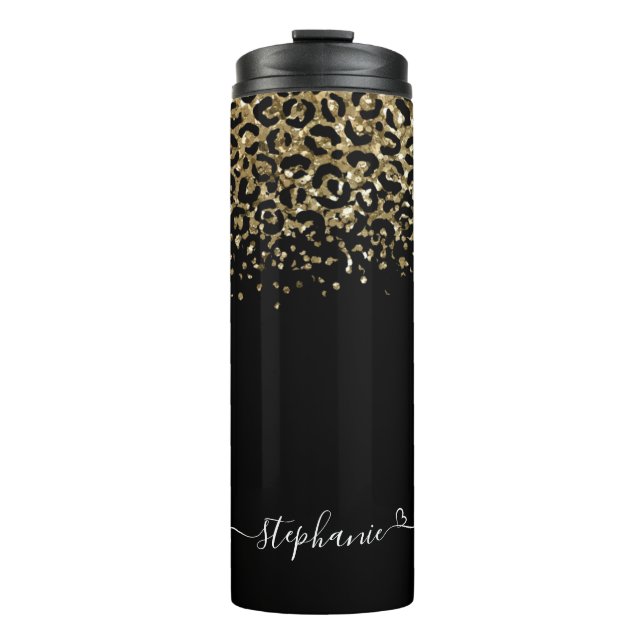 Gold Leopard Glitzer Monogram Black Thermosbecher (Vorderseite)