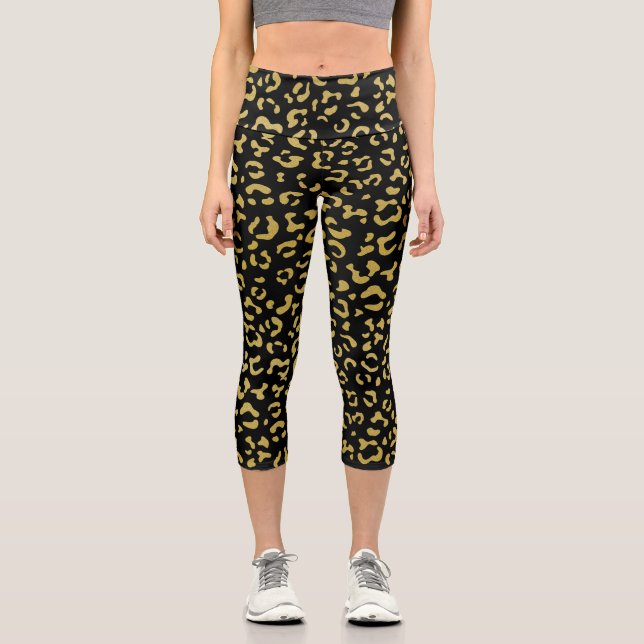 Gold Leopard, Gold Glitzer, Leopard Muster Capri Leggings (Vorderseite)