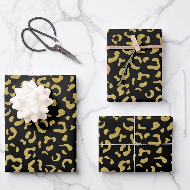Gold Leopard, Gold Glitzer, Leopard Muster Geschenkpapier Set (Vorderseite)