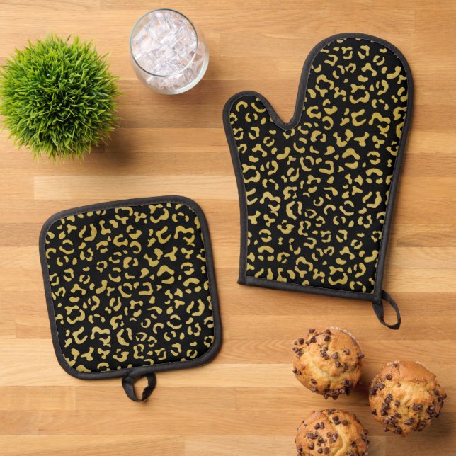 Gold Leopard, Gold Glitzer, Leopard Muster Ofenhandschuh & Topflappen-Set (Oben Unten)