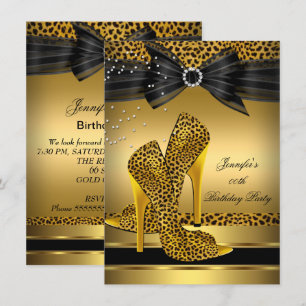 Gold Leopard High Heel Schwarz Schleife Geburtstag Einladung