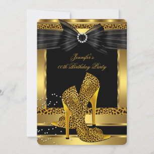 Gold Leopard High Heel Shoe Black Birthday Party 2 Einladung