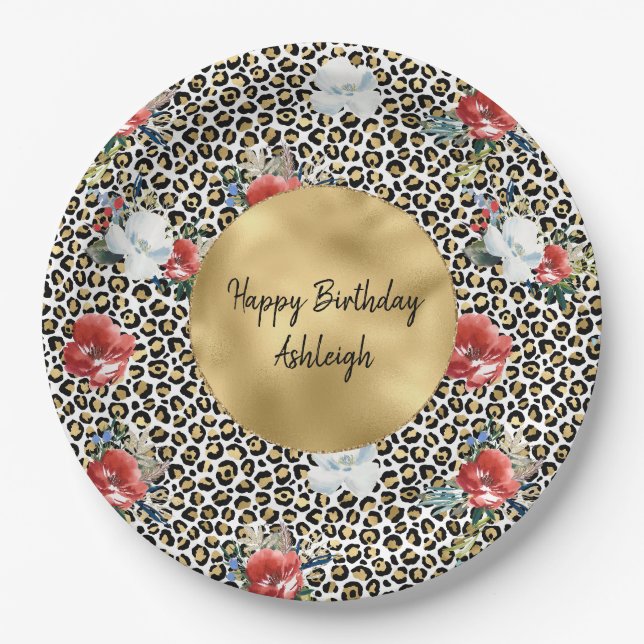 Gold Leopard Print Floral personalisiert Pappteller (Vorderseite)