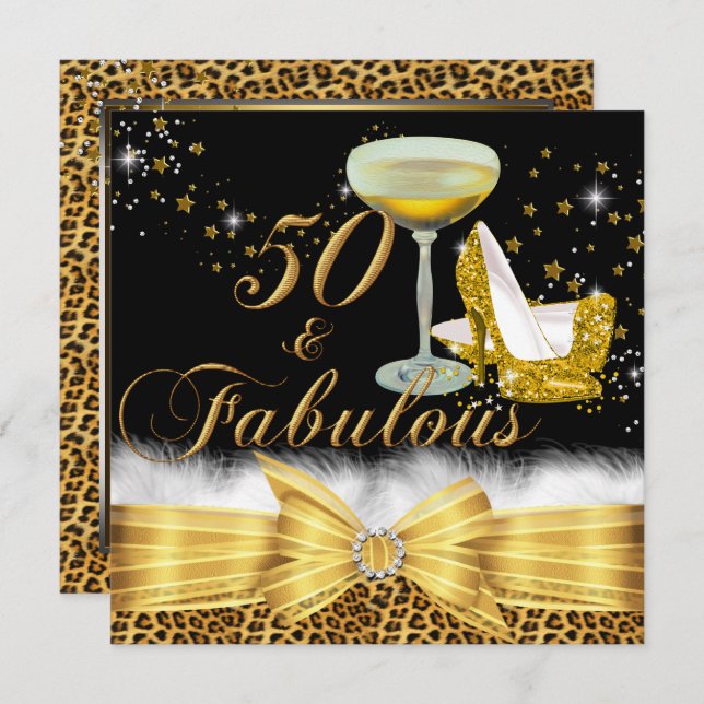 Gold Leopard Print & Heelse 50 & Fabulous Geburtst Einladung (Vorne/Hinten)