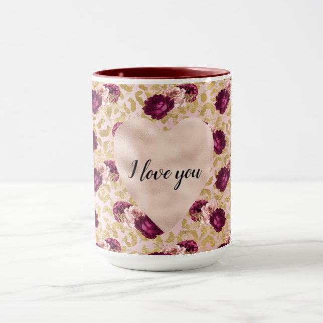 Gold Leopard Print Pink Roses Blumenherz Tasse (Zentrum)