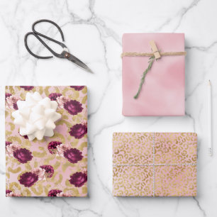 Gold Leopard Print Pink Roses Floral Geschenkpapier Set