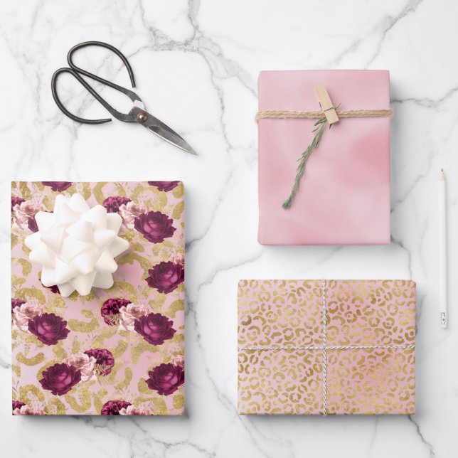 Gold Leopard Print Pink Roses Floral Geschenkpapier Set (Vorderseite)
