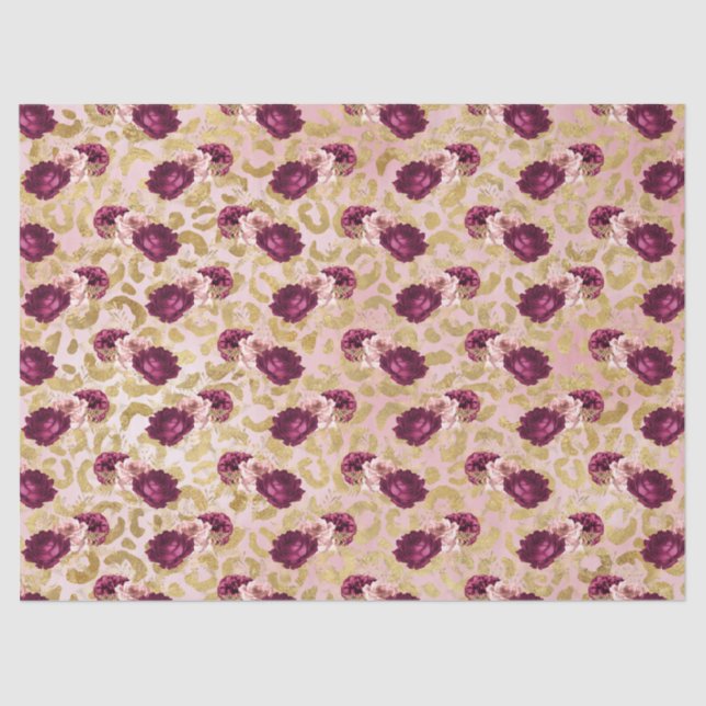 Gold Leopard Print Pink Roses Floral Seidenpapier (Vorderseite)