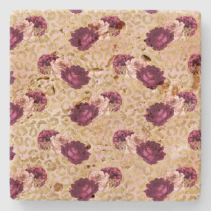 Gold Leopard Print Pink Roses Floral Steinuntersetzer