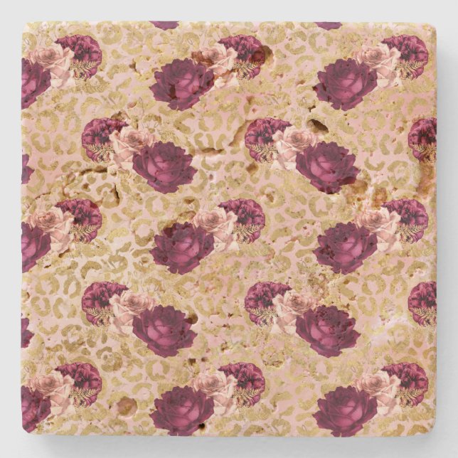 Gold Leopard Print Pink Roses Floral Steinuntersetzer (Vorderseite)