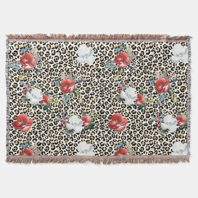 Gold Leopard Print Red White Floral Decke (Vorderseite)