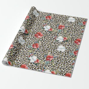 Gold Leopard Print Red White Floral Geschenkpapier