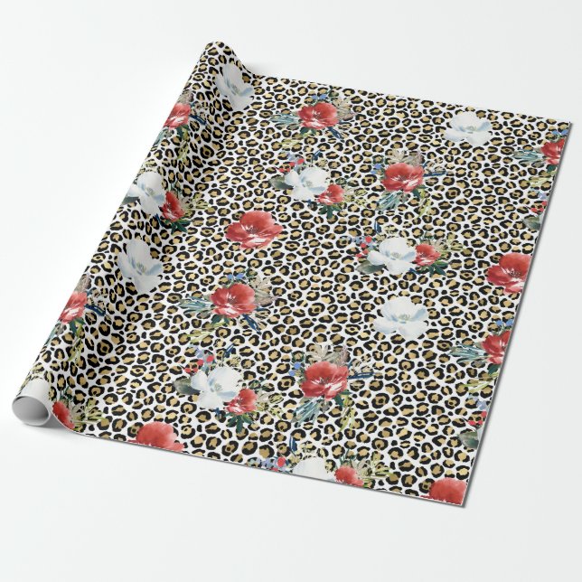 Gold Leopard Print Red White Floral Geschenkpapier (Ungerollt)