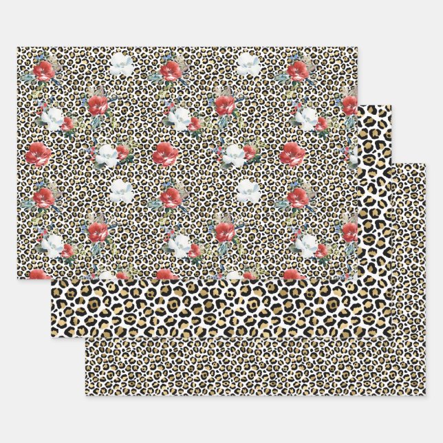 Gold Leopard Print Red White Floral Geschenkpapier Set (Set)