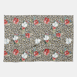 Gold Leopard Print Red White Floral Geschirrtuch