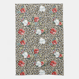 Gold Leopard Print Red White Floral Geschirrtuch