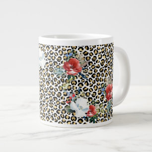 Gold Leopard Print Red White Floral Jumbo-Tasse