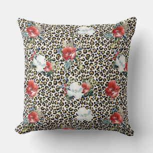 Gold Leopard Print Red White Floral Kissen