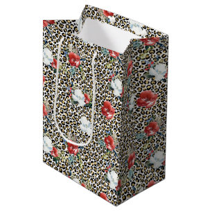 Gold Leopard Print Red White Floral Mittlere Geschenktüte