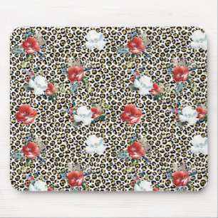 Gold Leopard Print Red White Floral Mousepad