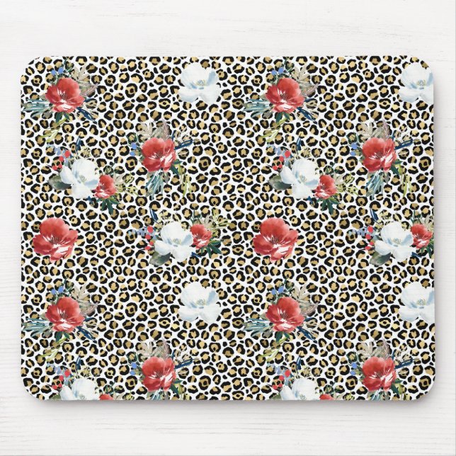 Gold Leopard Print Red White Floral Mousepad (Vorne)