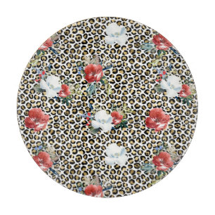 Gold Leopard Print Red White Floral Schneidebrett