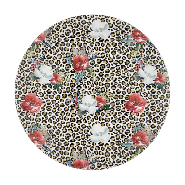 Gold Leopard Print Red White Floral Schneidebrett (Vorderseite)