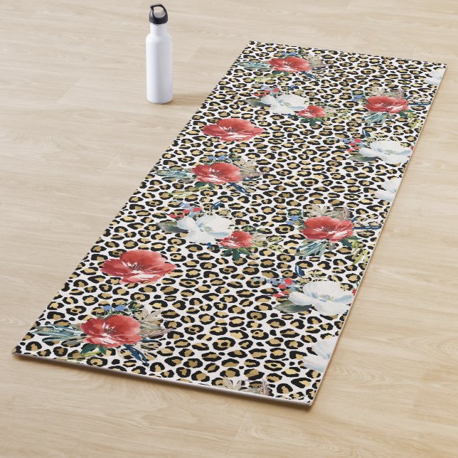 Gold Leopard Print Red White Floral Yogamatte (Beispiel)