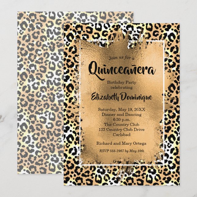 Gold Leopard Quinceañera Geburtstagsparty Einladun (Vorne/Hinten)