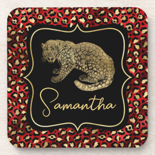 Gold-Leopard und Roter Leopardendruck Getränkeuntersetzer