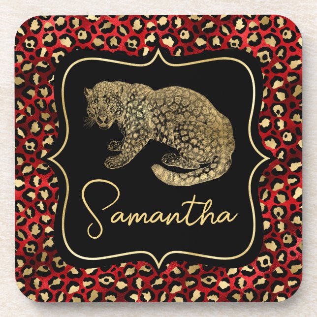 Gold-Leopard und Roter Leopardendruck Getränkeuntersetzer (Vorderseite)