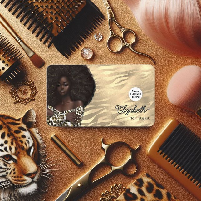Gold Leopard und Tiger African American Hair Salon Visitenkarte (Gold Leopard and Tiger African American Hair Salon Business Card)