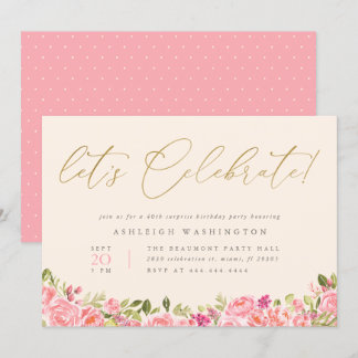 Gold Let's Celebrate Floral Überraschung Geburtsta Einladung