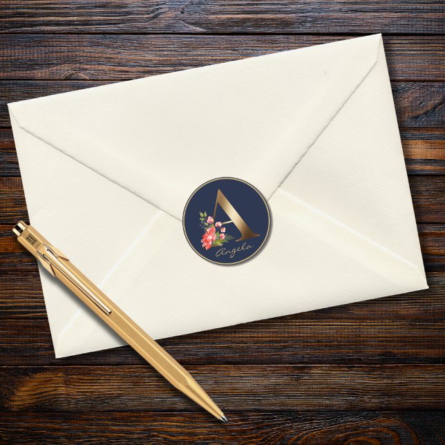 Gold Letter A Eleganavy Floral Monogram Runder Aufkleber (Von Creator hochgeladen)