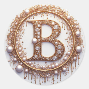 Gold Letter B Monogramm Perlen Schmuck Hochzeit  Runder Aufkleber