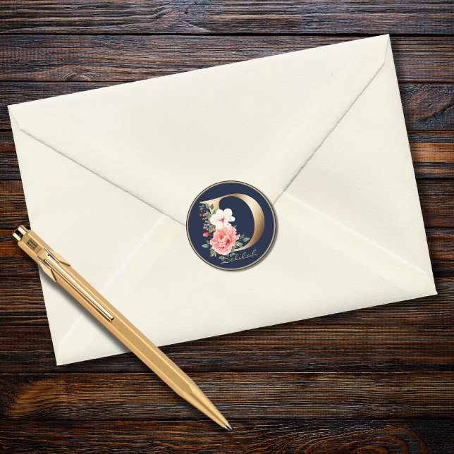 Gold Letter D Eleganic Navy Floral Monogram Runder Aufkleber (Von Creator hochgeladen)