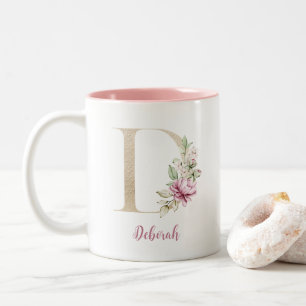 Gold Letter D, Monogramm D, Rosa Blumen-Geschenk f Zweifarbige Tasse
