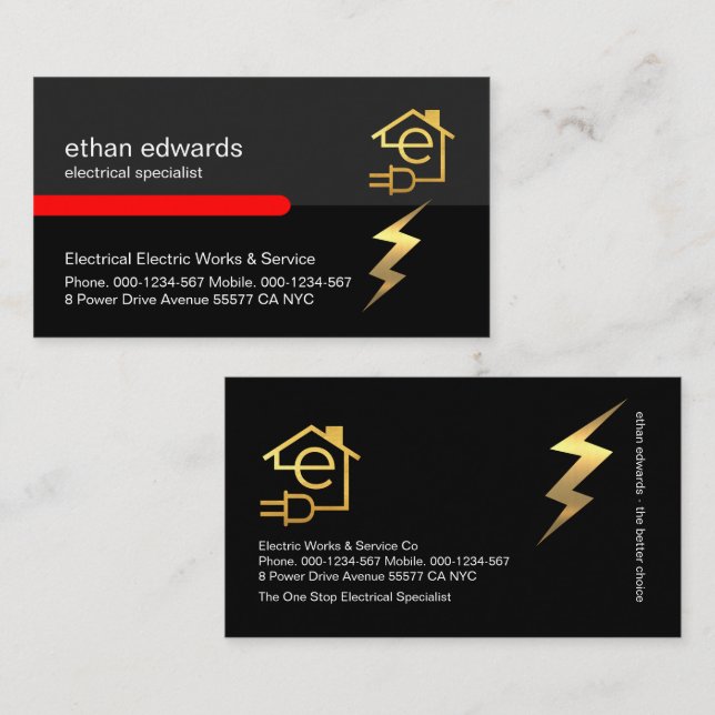 Gold Letter E Electrician Lightning Service Visitenkarte (Vorne/Hinten)