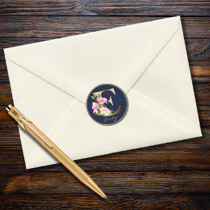 Gold Letter E Eleganic Navy Floral Monogram Runder Aufkleber