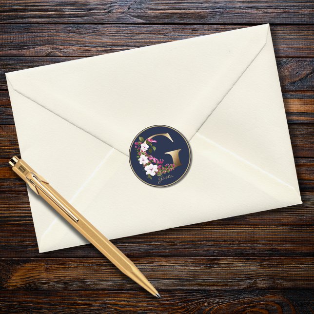 Gold Letter G Eleganic Navy Floral Monogram Runder Aufkleber (Von Creator hochgeladen)