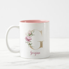 Gold Letter G, Monogramm G, rosa Blumengeschenk ih Zweifarbige Tasse