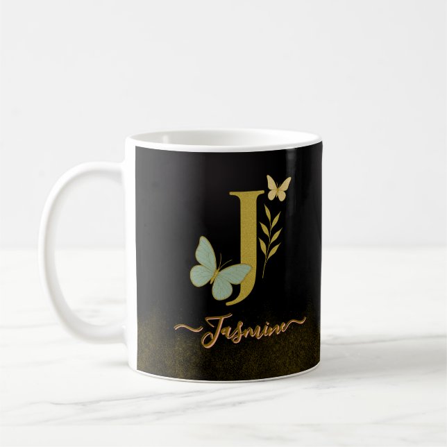 Gold Letter J Butterfly Tasse Design (Links)