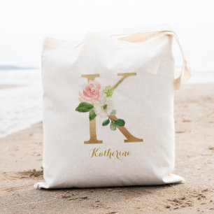 Gold Letter K und Rosa Blumen Personalized Tragetasche