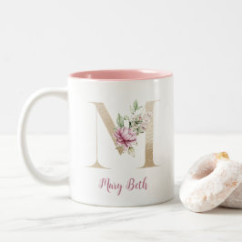 Gold Letter M, Monogram M, Rosa Blumengeschenk ihr Zweifarbige Tasse