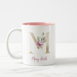 Gold Letter M, Monogram M, Rosa Blumengeschenk ihr Zweifarbige Tasse